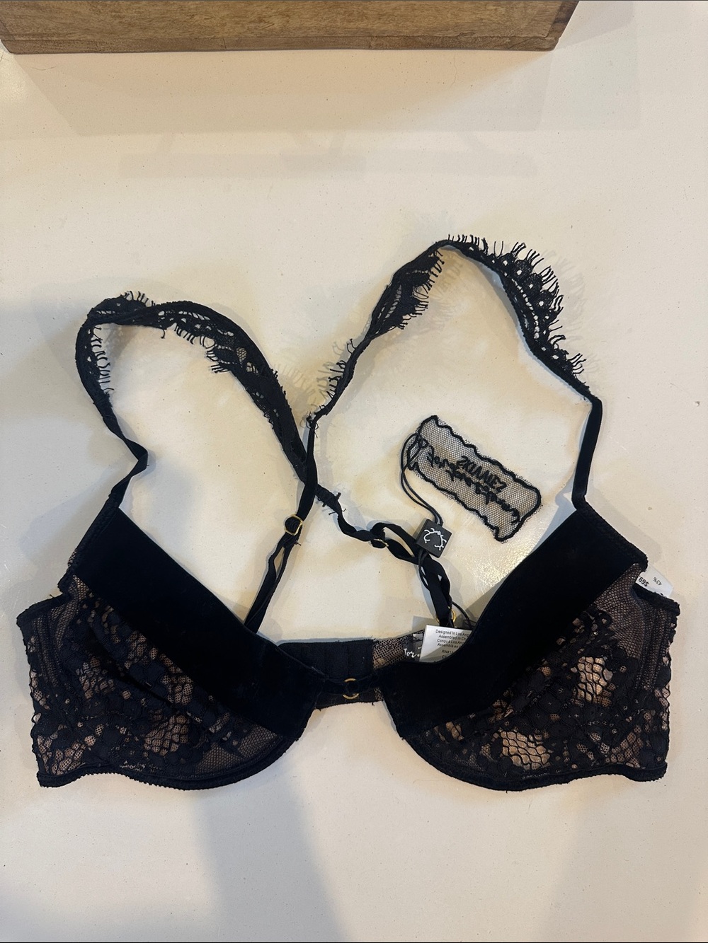 For Love And Lemons Black Lace Underwire Bra with Fringed Straps